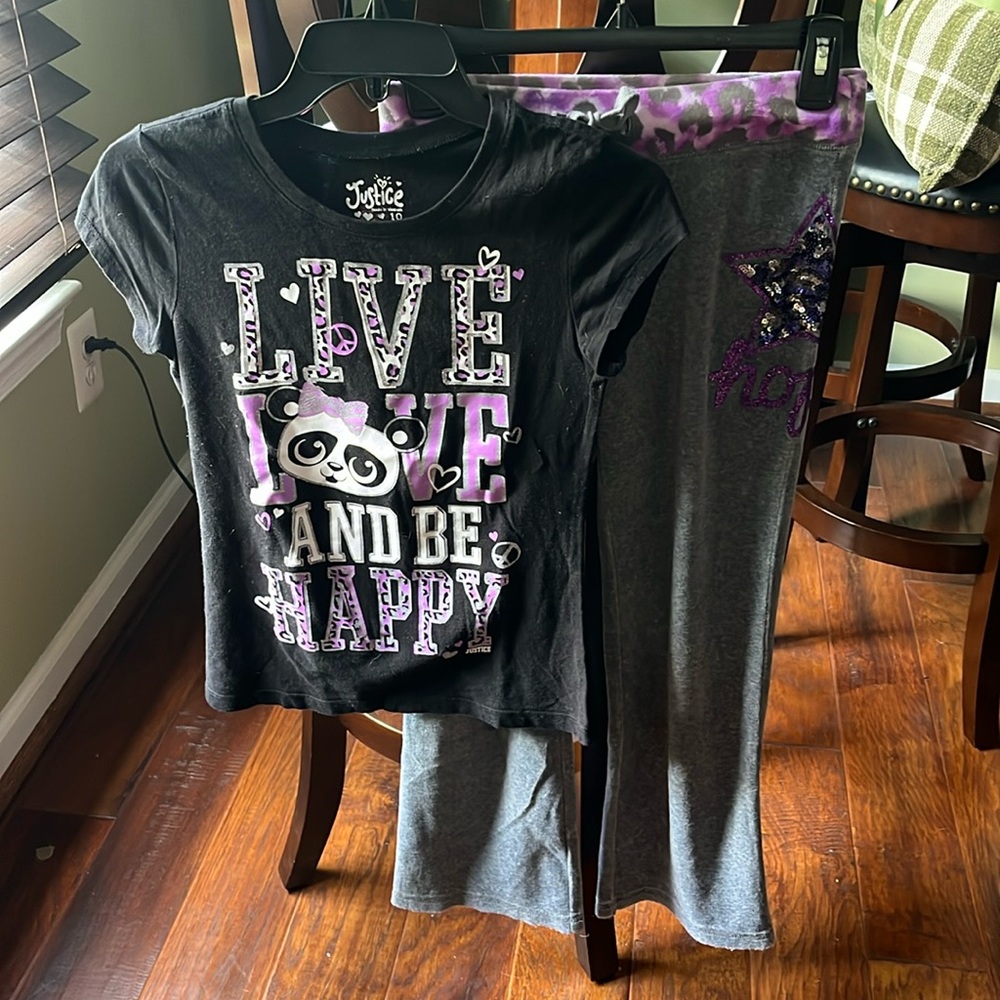 Justice Sparkly Live Love and Be Happy Gray and Purple Matching Set. Size 10.